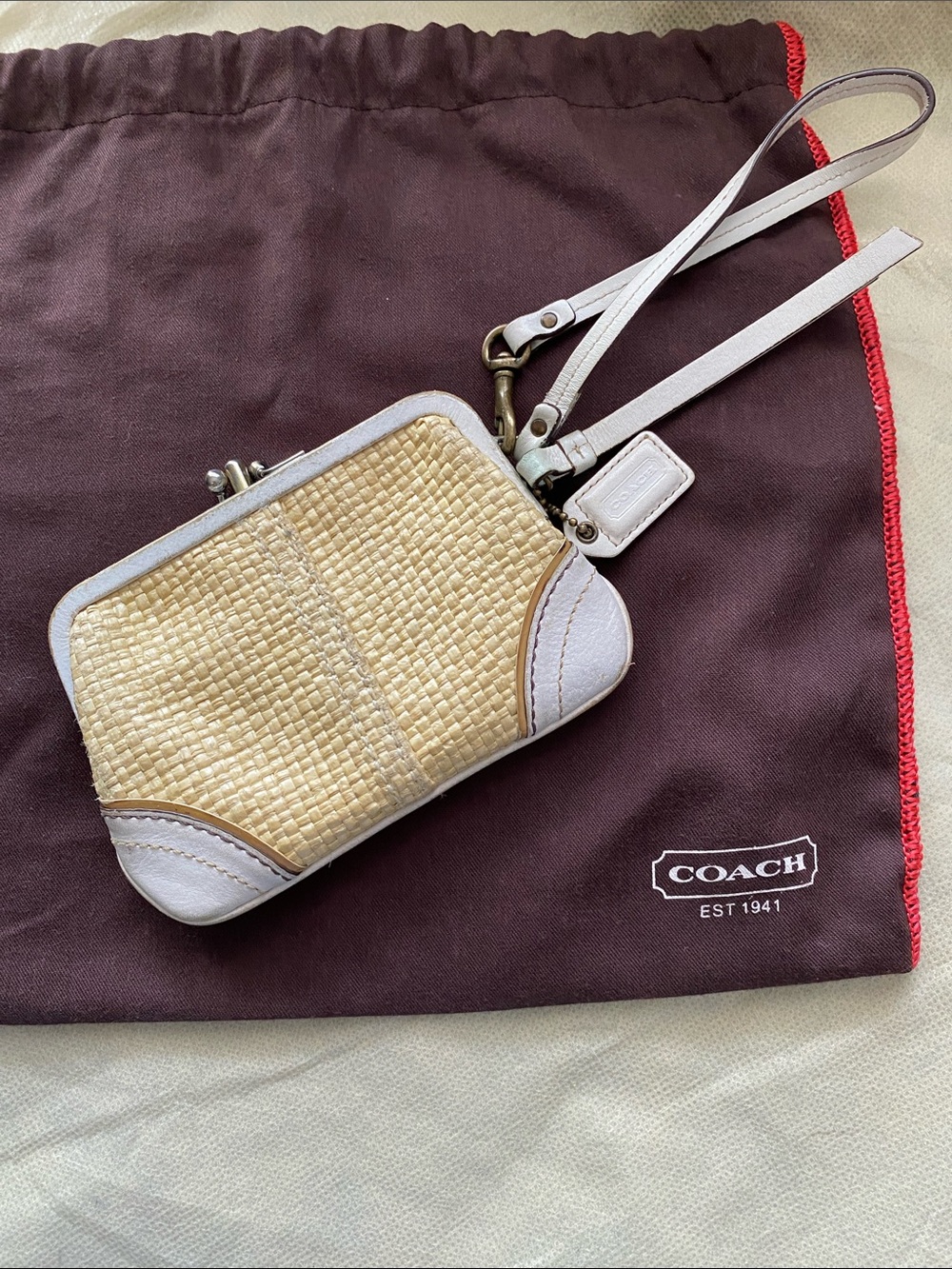 COACH Straw and Leather Double Kiss Lock Wristlet in Natural and White